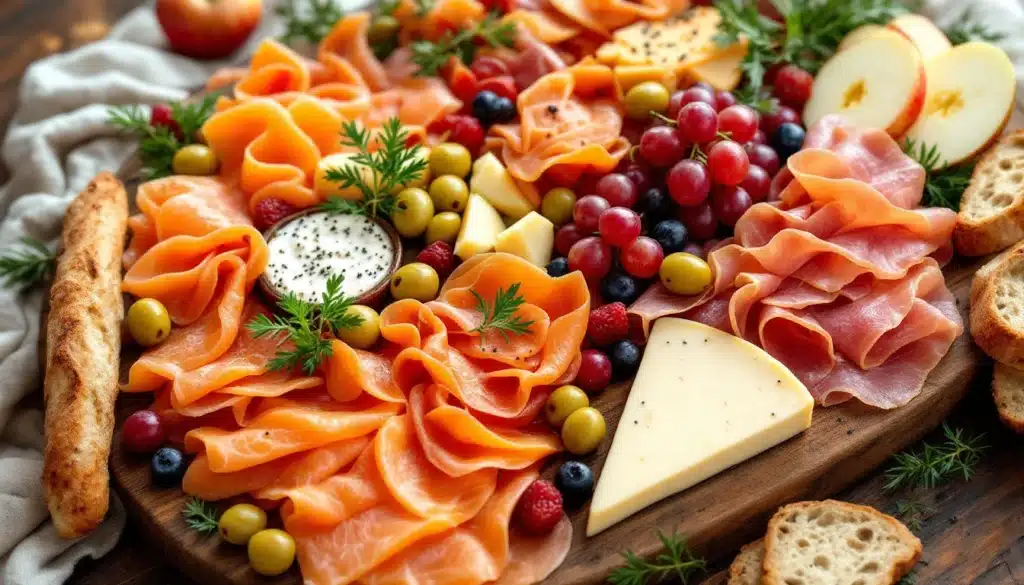 Plateau apéritif avec saumon, olives, fromage et fruits.