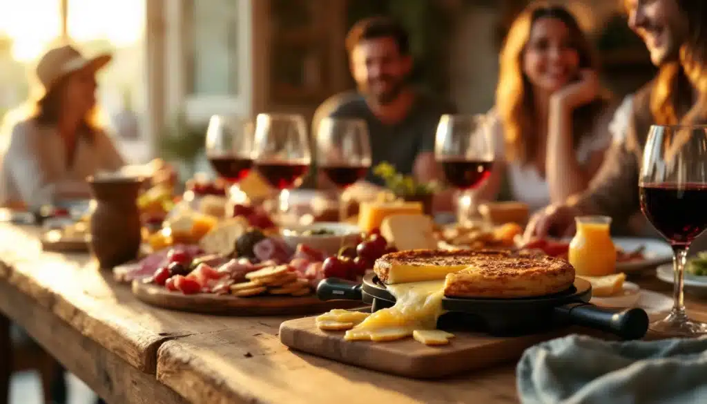 Repas convivial avec raclette et vin rouge.