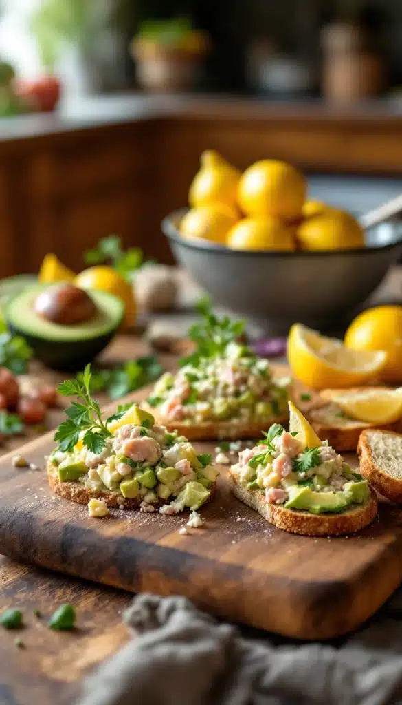 Tartines d'avocat et saumon sur planche bois.
