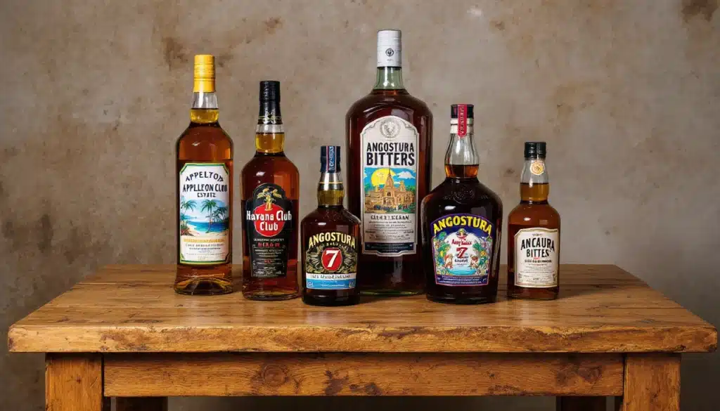 Bouteilles variées de spiritueux sur une table en bois.