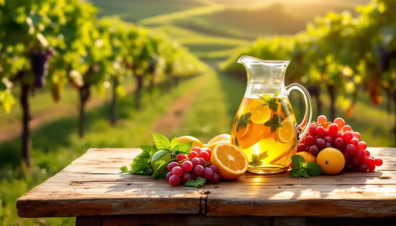 Vin de pêche sur table en bois, vignes en arrière-plan.