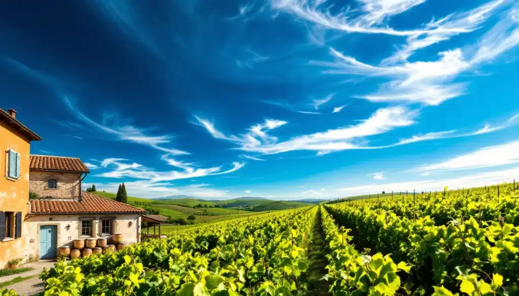 Champ de vignes sous ciel bleu.