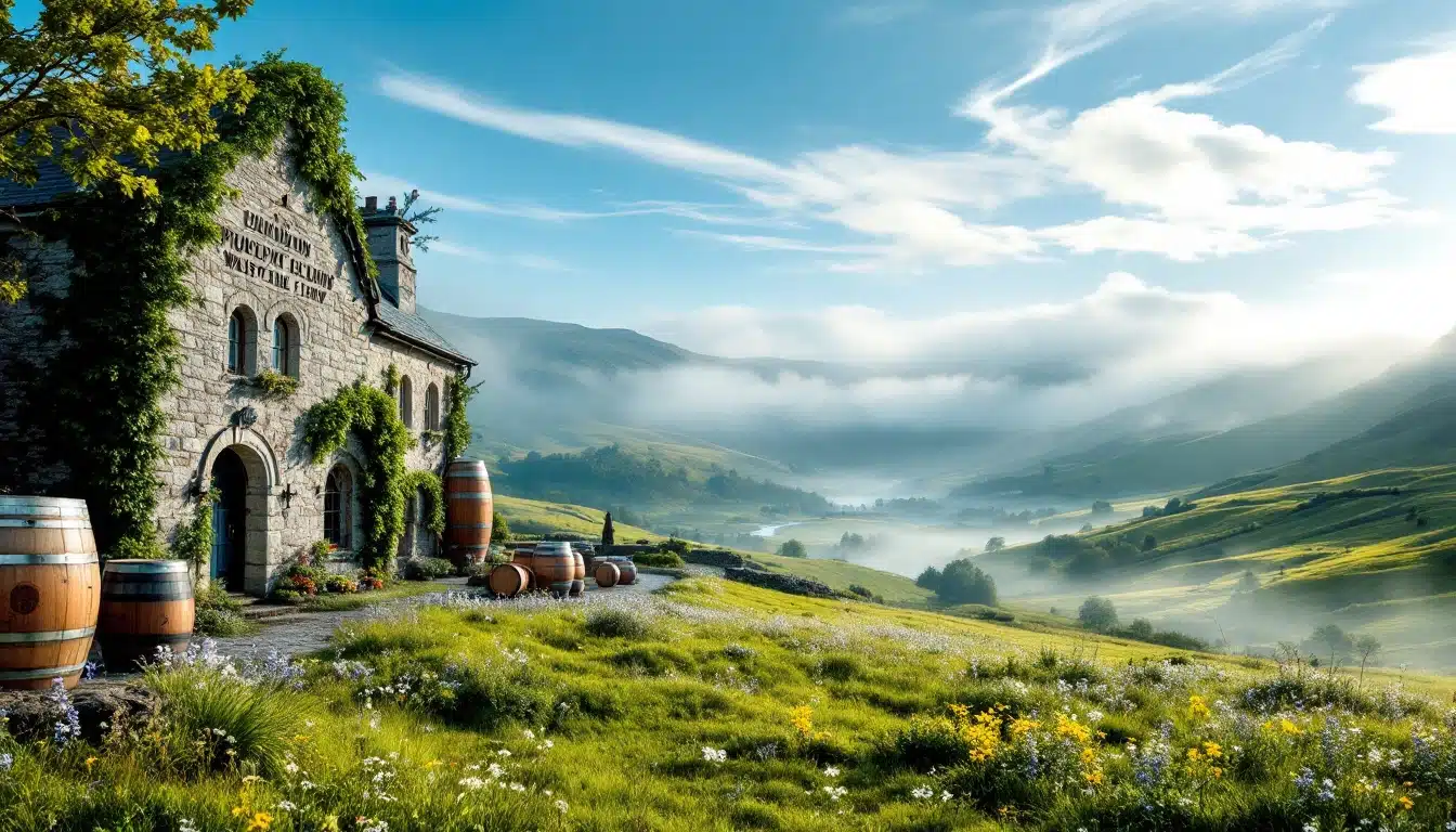 Maison en pierre dans paysage de campagne brumeux.