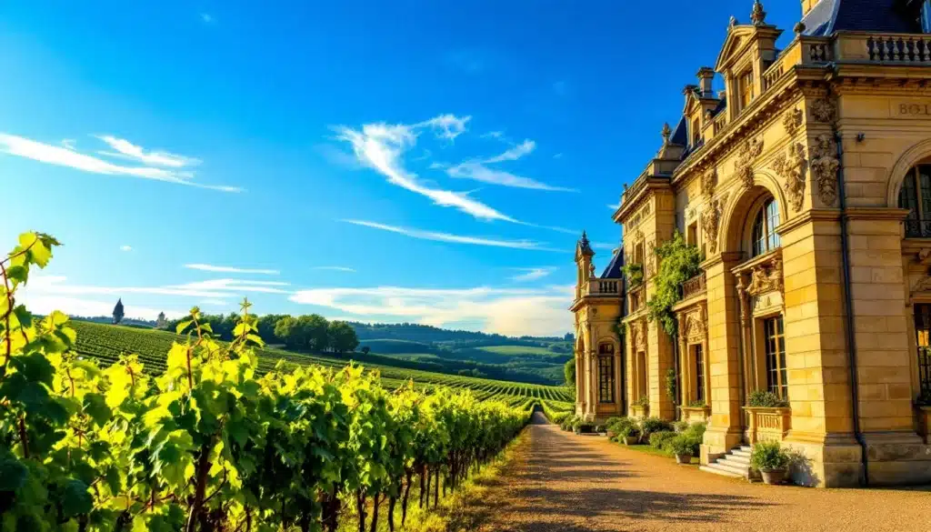 Château bordant vignoble sous ciel bleu