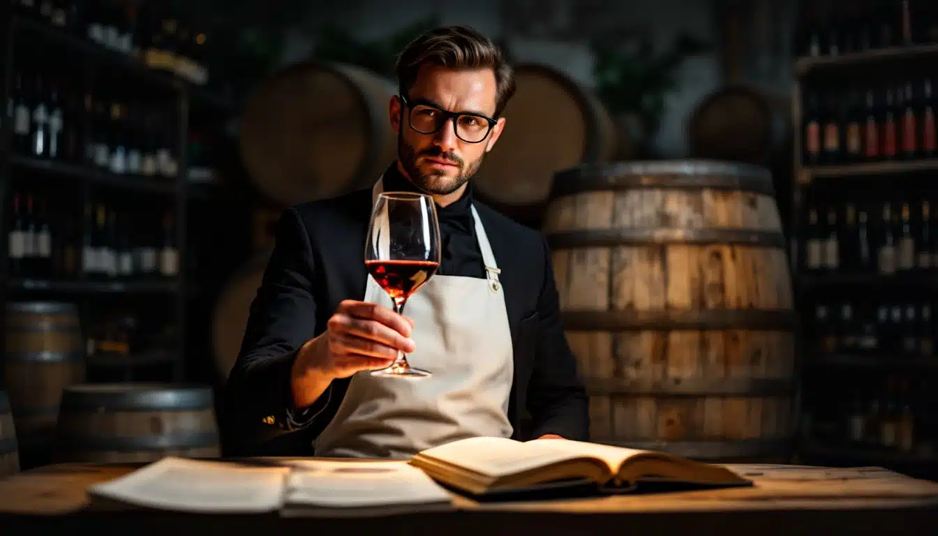 Homme dégustant du vin dans une cave