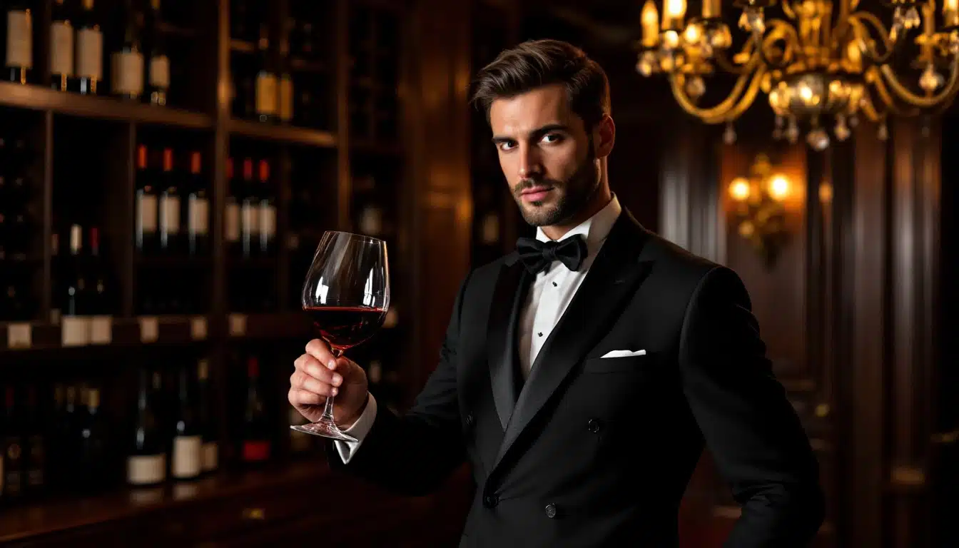 Homme en smoking avec verre de vin rouge.