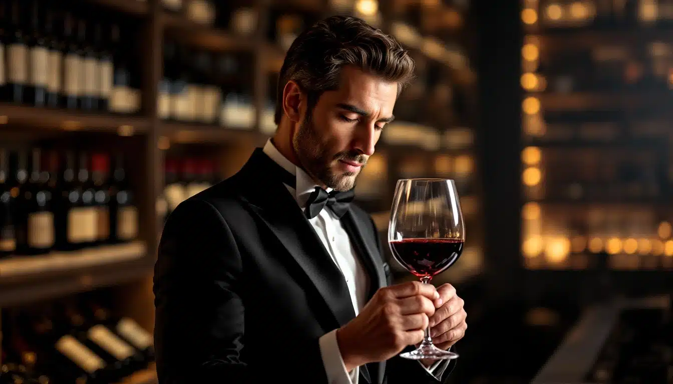 Homme en smoking savourant du vin rouge.