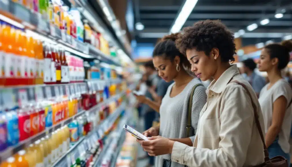 Femmes choisissant des boissons en supermarché.
