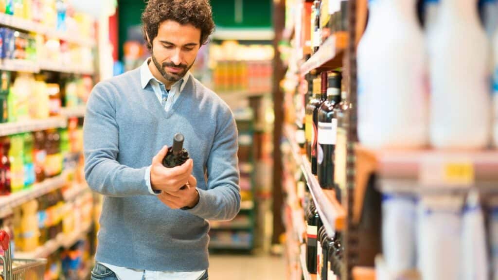 Homme vérifiant une bouteille dans un supermarché.