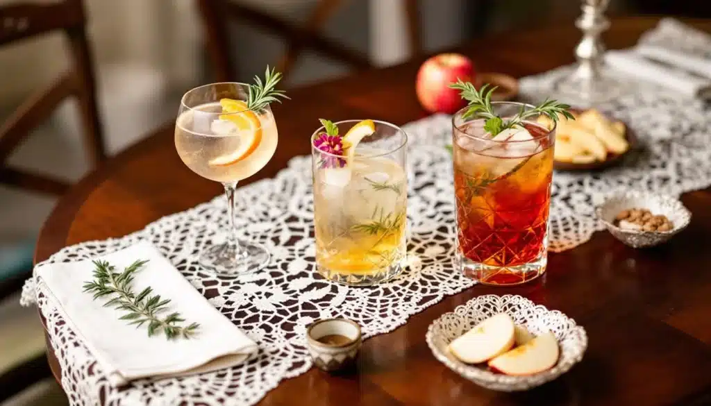 Cocktails sur table avec napperon dentelle.