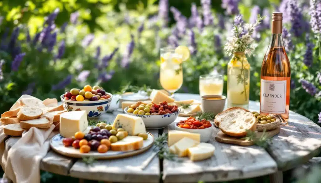 Pique-nique champêtre avec vin, fromages et fruits.