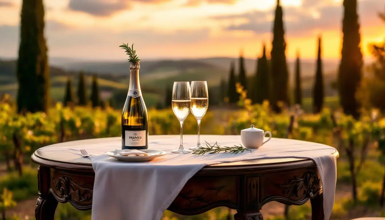 Champagne et coucher de soleil sur table extérieure.