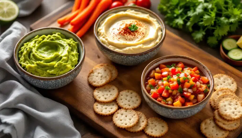 Trempettes variées avec légumes et crackers.