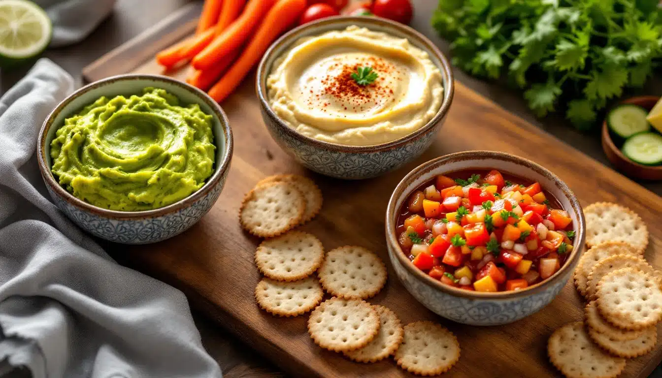 Trempettes variées avec légumes et crackers.