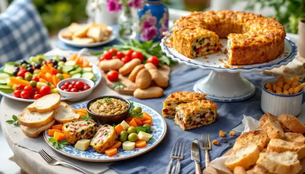 Buffet coloré avec légumes et gâteau salé.