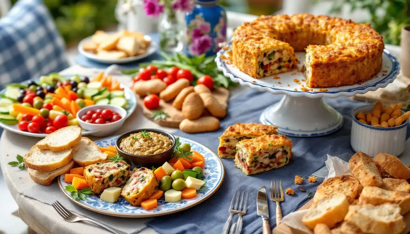Buffet coloré avec légumes et gâteau salé.