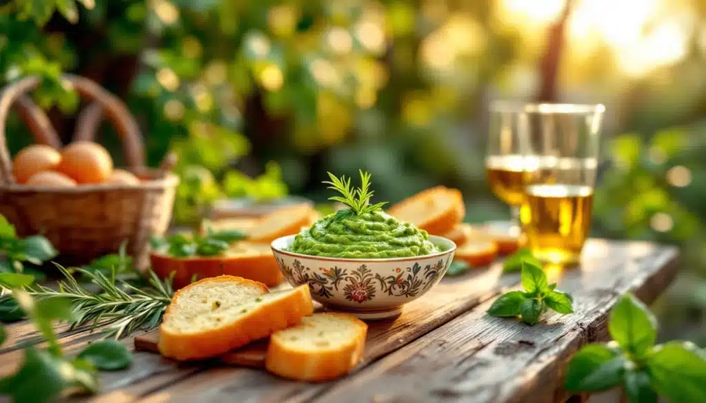 Pain grillé et guacamole sur table en bois.