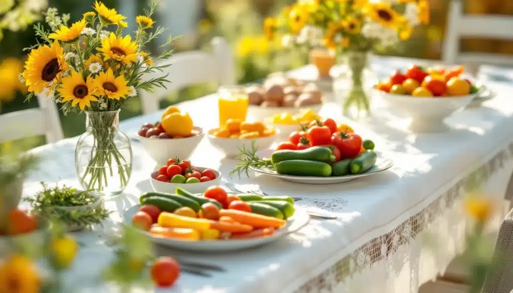 Table décorée avec légumes et tournesols.