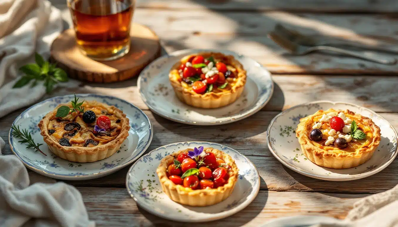 Tartelettes variées sur table en bois ensoleillée.