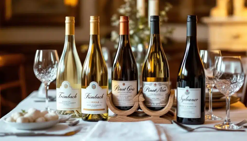 Cinq bouteilles de vin alignées sur une table.