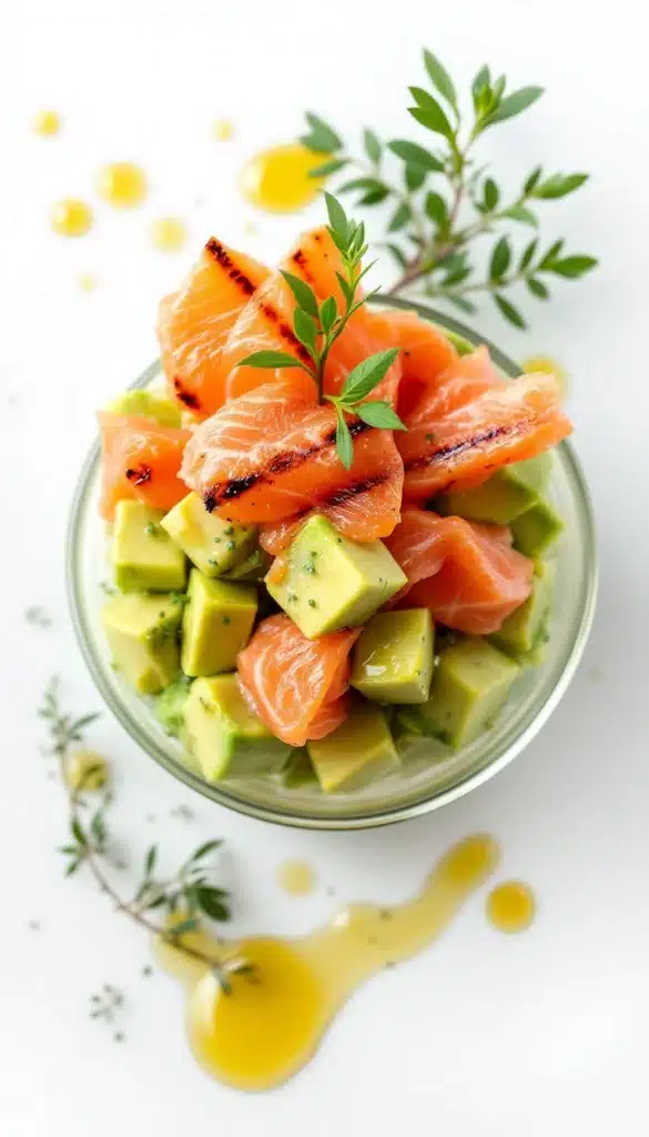 Salade avocat saumon avec herbes et huile.