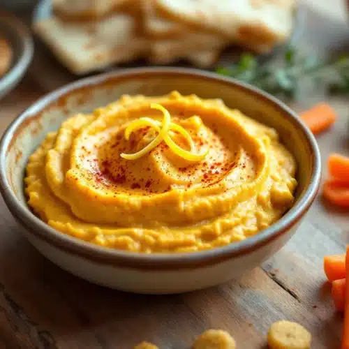 Houmous avec légumes et biscuits apéritifs.