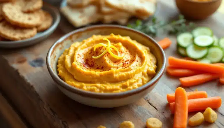 Houmous avec légumes et biscuits apéritifs.