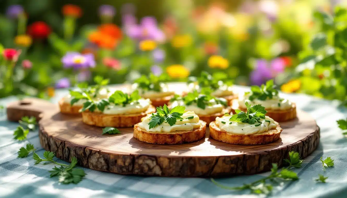 Apéritif sur planche en bois avec crème et persil.