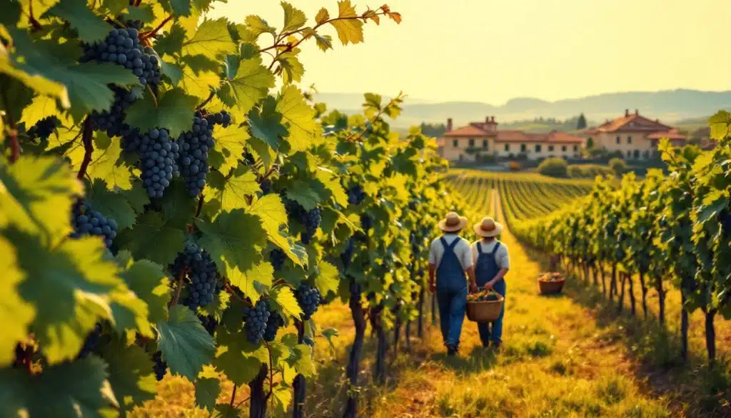 Deux viticulteurs dans un vignoble au coucher du soleil.