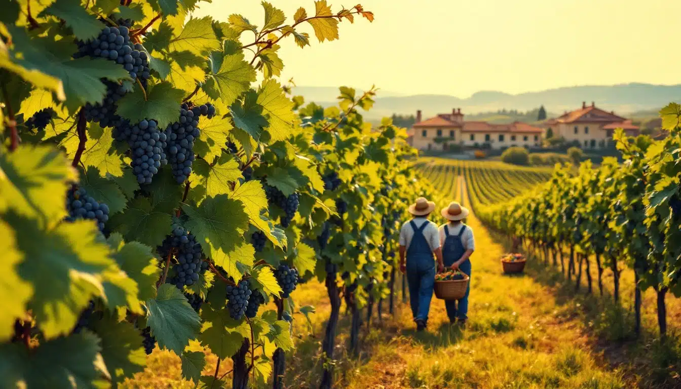 Deux viticulteurs dans un vignoble au coucher du soleil.