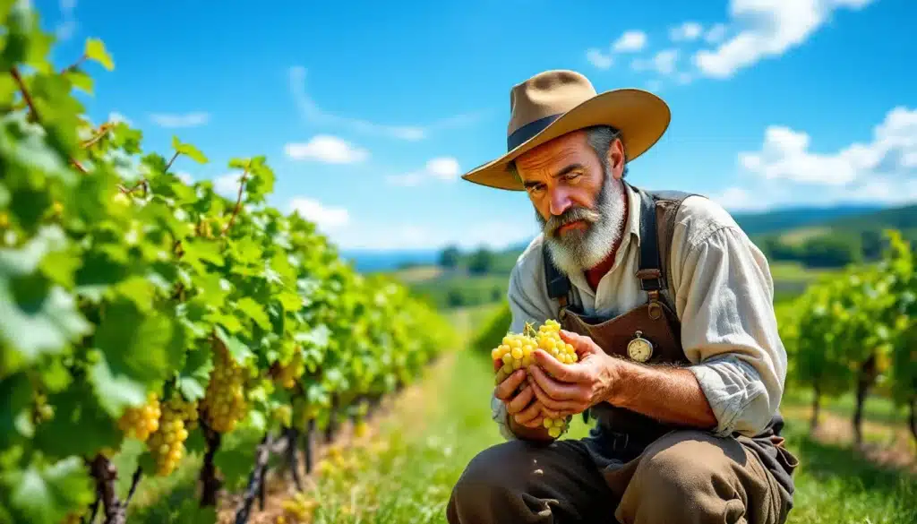 Vigneron cueillant du raisin dans le vignoble.
