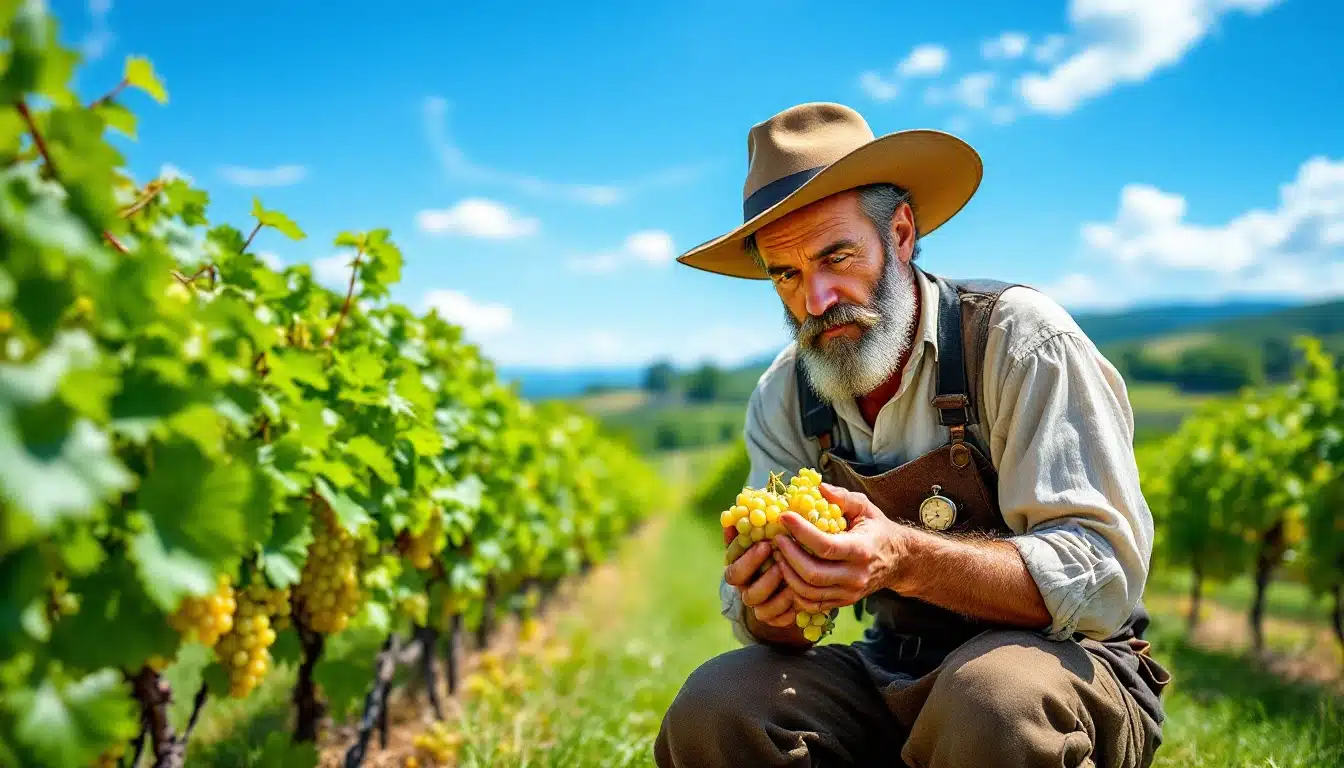 Vigneron cueillant du raisin dans le vignoble.
