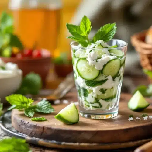 Salade concombre menthe avec crème dans un verre.