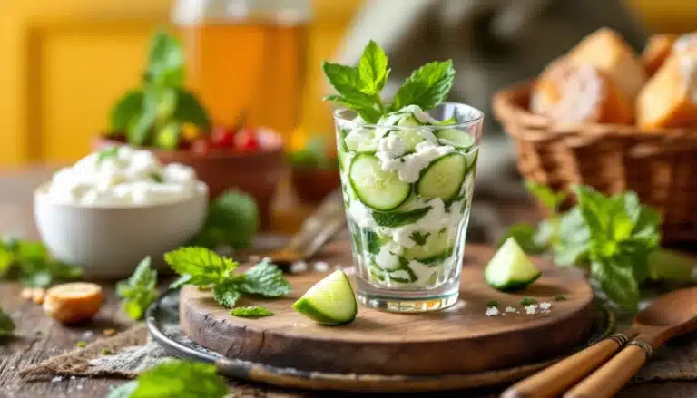 Salade concombre menthe avec crème dans un verre.