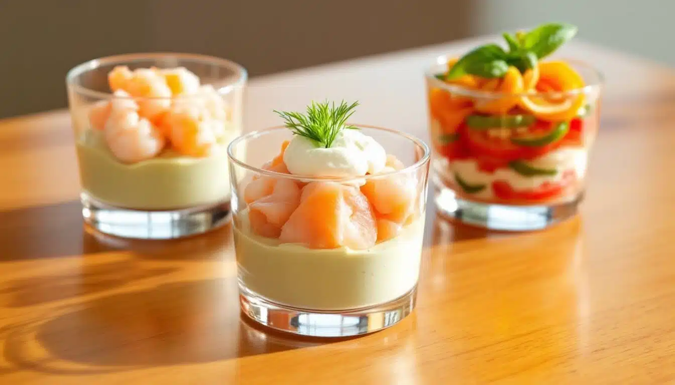 Verrines apéritives au saumon et légumes colorés.