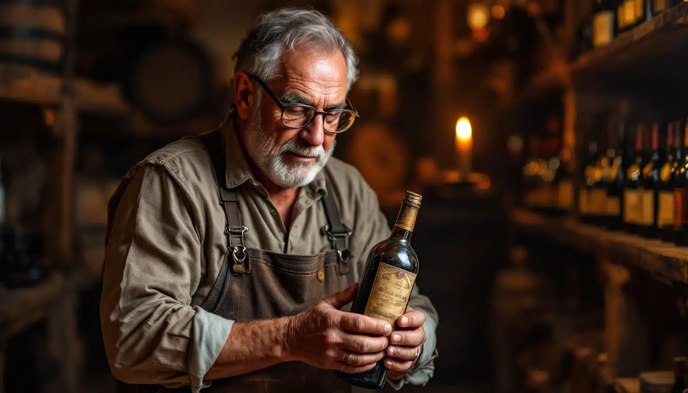 Homme inspectant une bouteille de vin antique.
