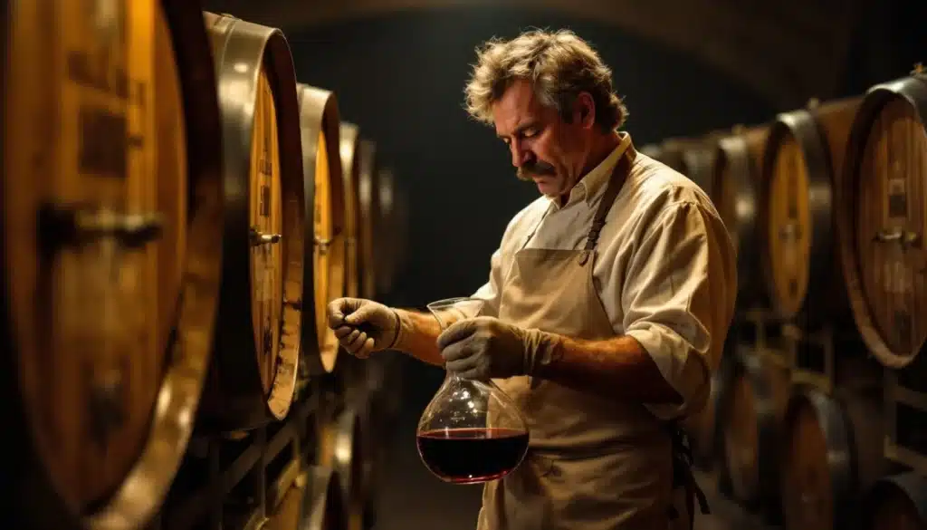 Homme vérifiant du vin en cave, blouse beige.