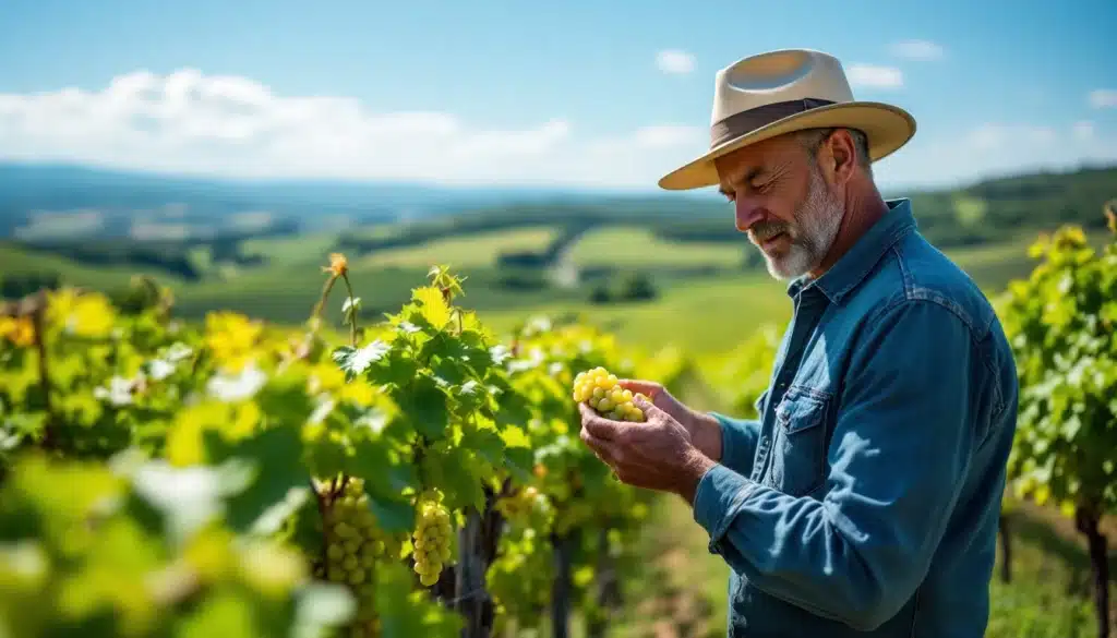 Homme inspecte les raisins dans le vignoble ensoleillé.