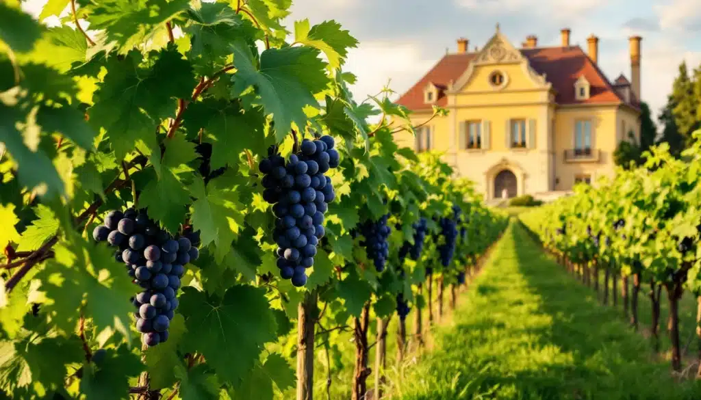 Vignes avec raisins devant château ensoleillé.