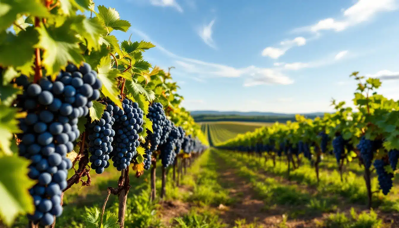 Vignoble ensoleillé avec grappes de raisin mûres.