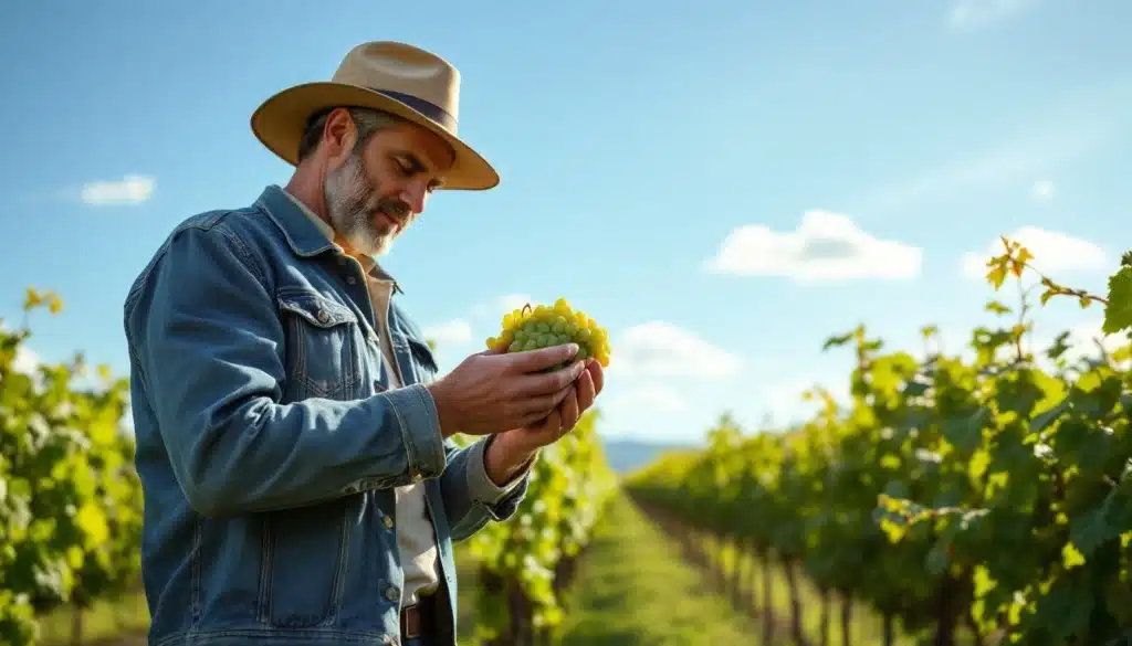 Homme observant des raisins dans un vignoble ensoleillé.