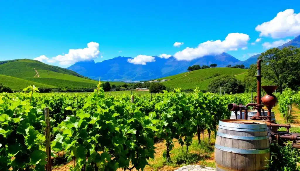 Vignoble ensoleillé avec barriques et montagnes.