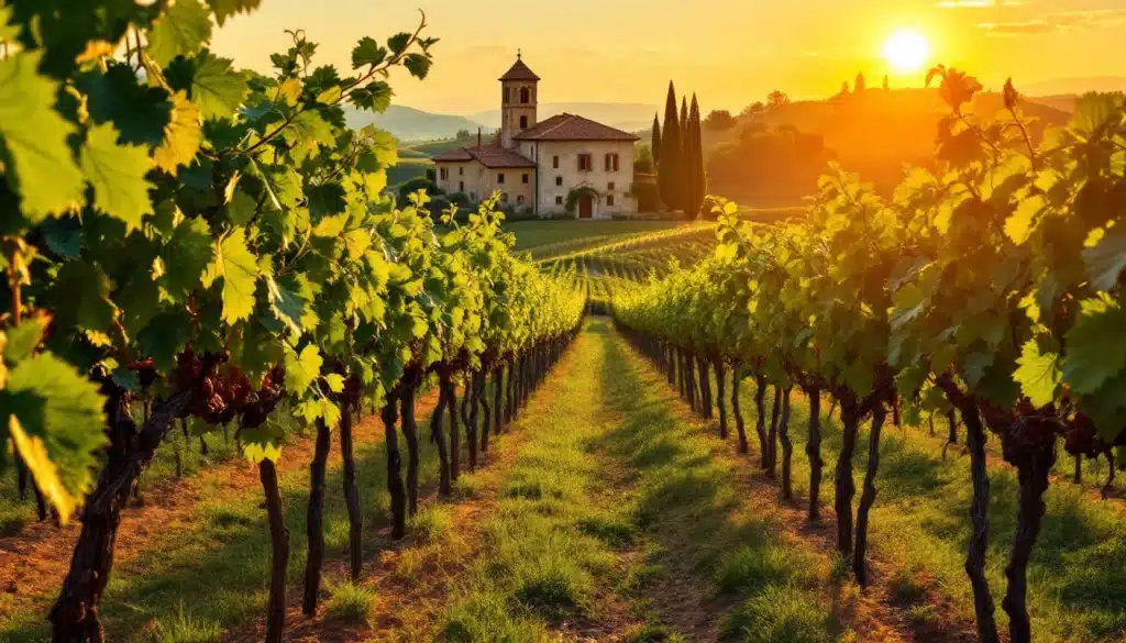 Vignoble au coucher du soleil avec maison rustique.