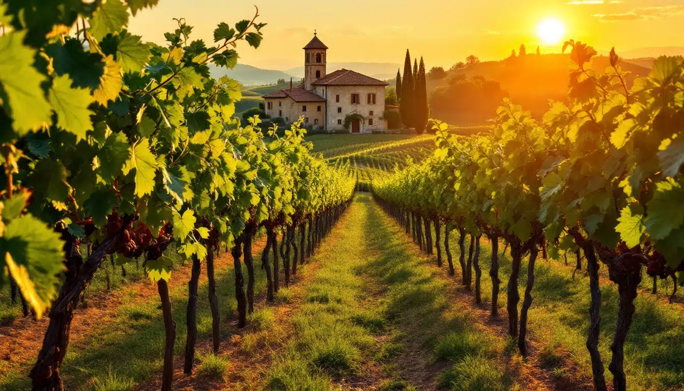 Vignoble au coucher du soleil avec maison rustique.