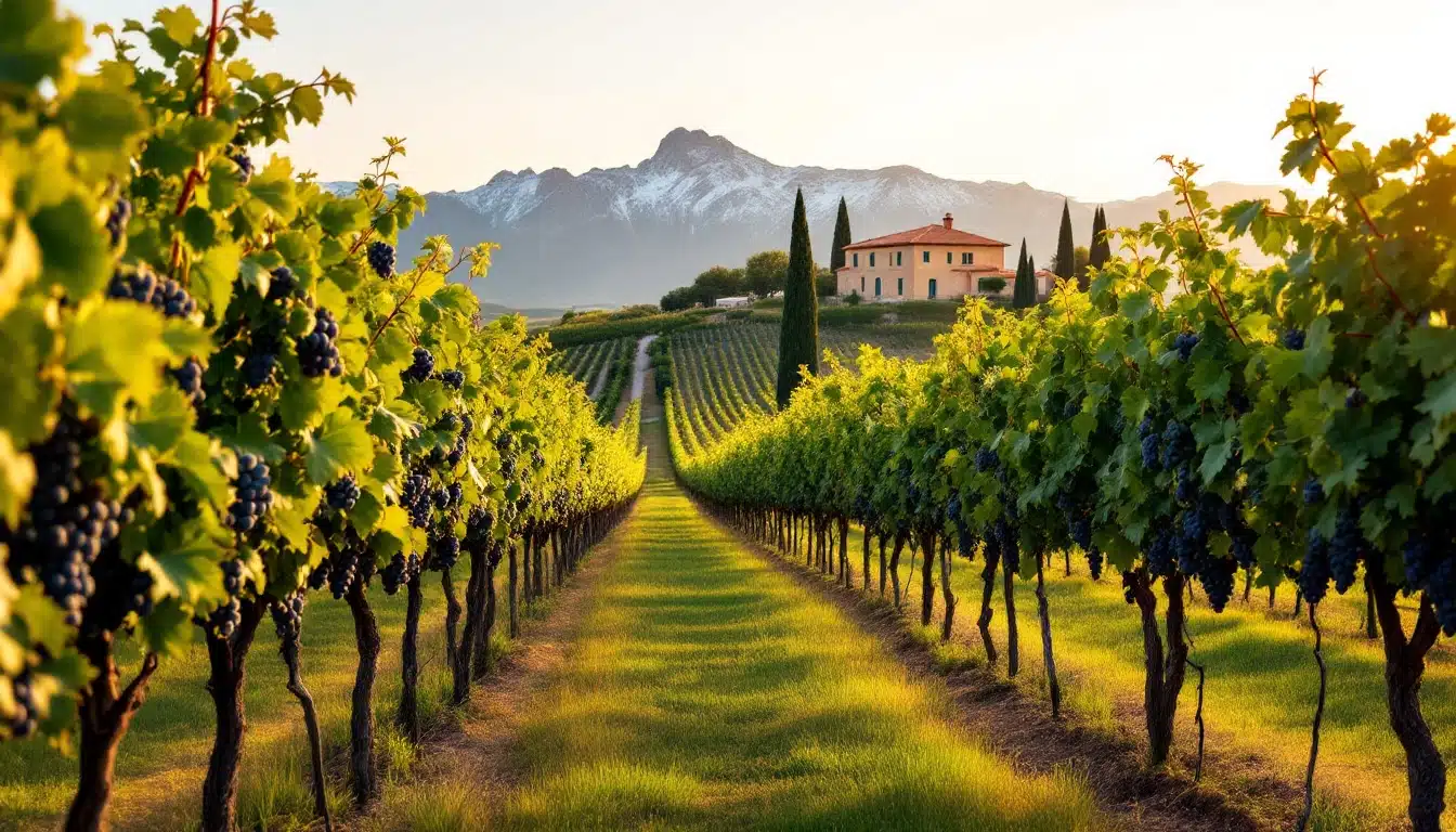 Vignoble au coucher du soleil, montagnes en arrière-plan.