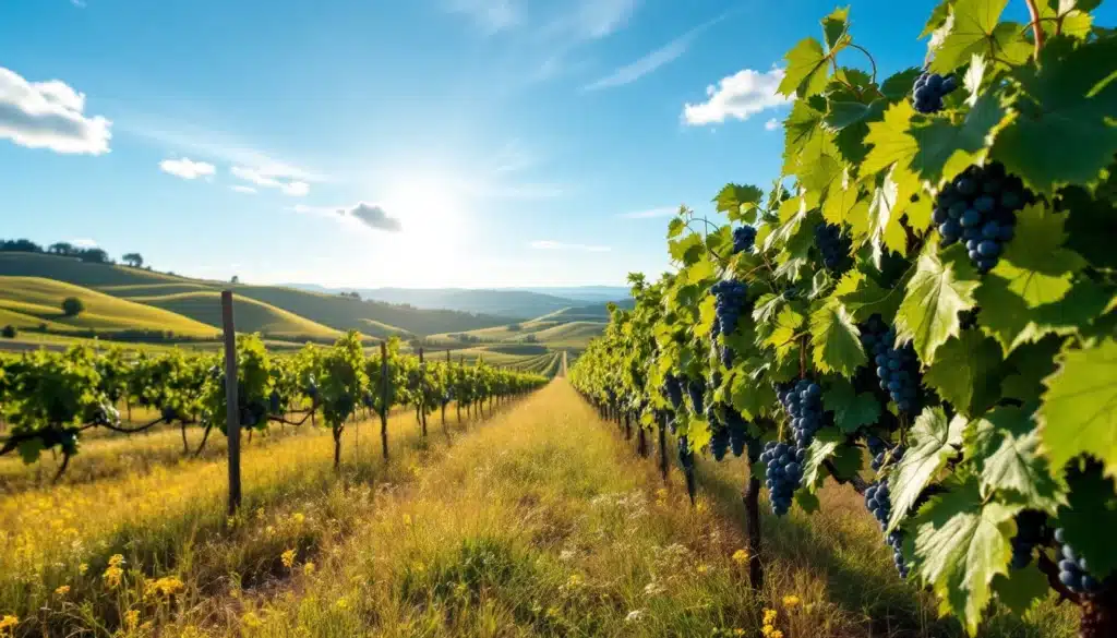 Vignes sous le soleil dans un paysage vallonné.