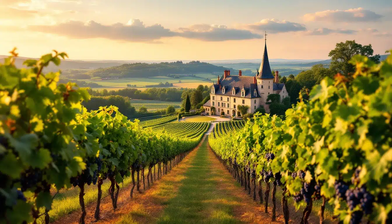 Château entouré de vignes au coucher de soleil.