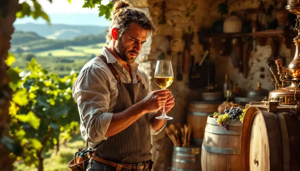 Sommelier analysant un verre de vin blanc.
