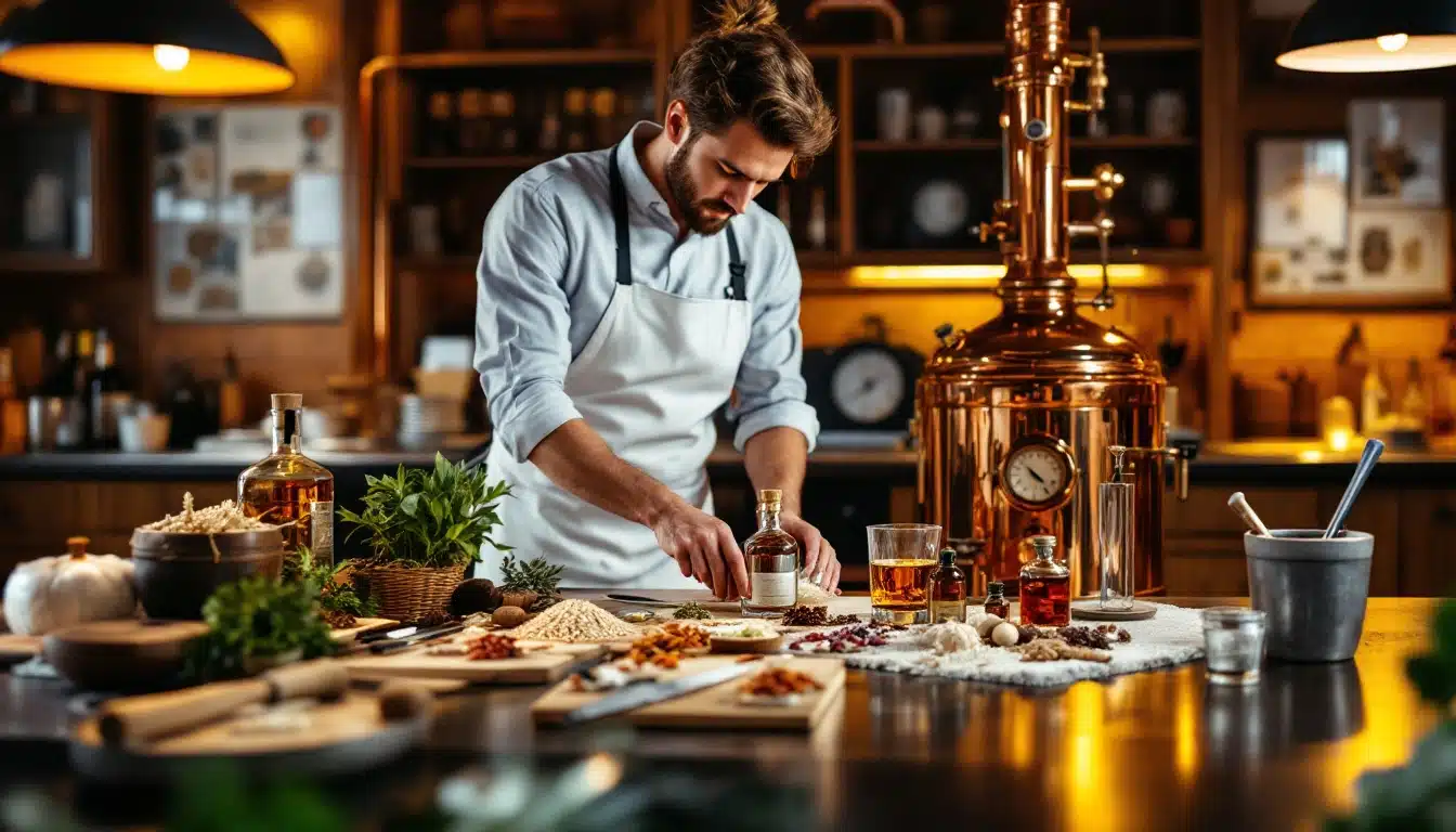 Chef préparant des ingrédients dans une distillerie artisanale.