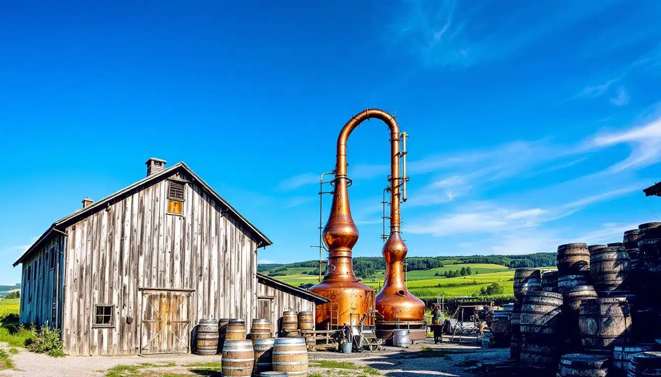 Distillerie champêtre avec fûts et cuivres en plein air.